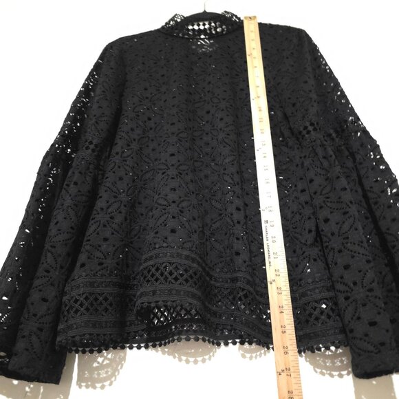Cable & Gauge Womens Peasant Top Large Open Black Lace Bell Ballooon Boho Mock - Picture 6 of 7
